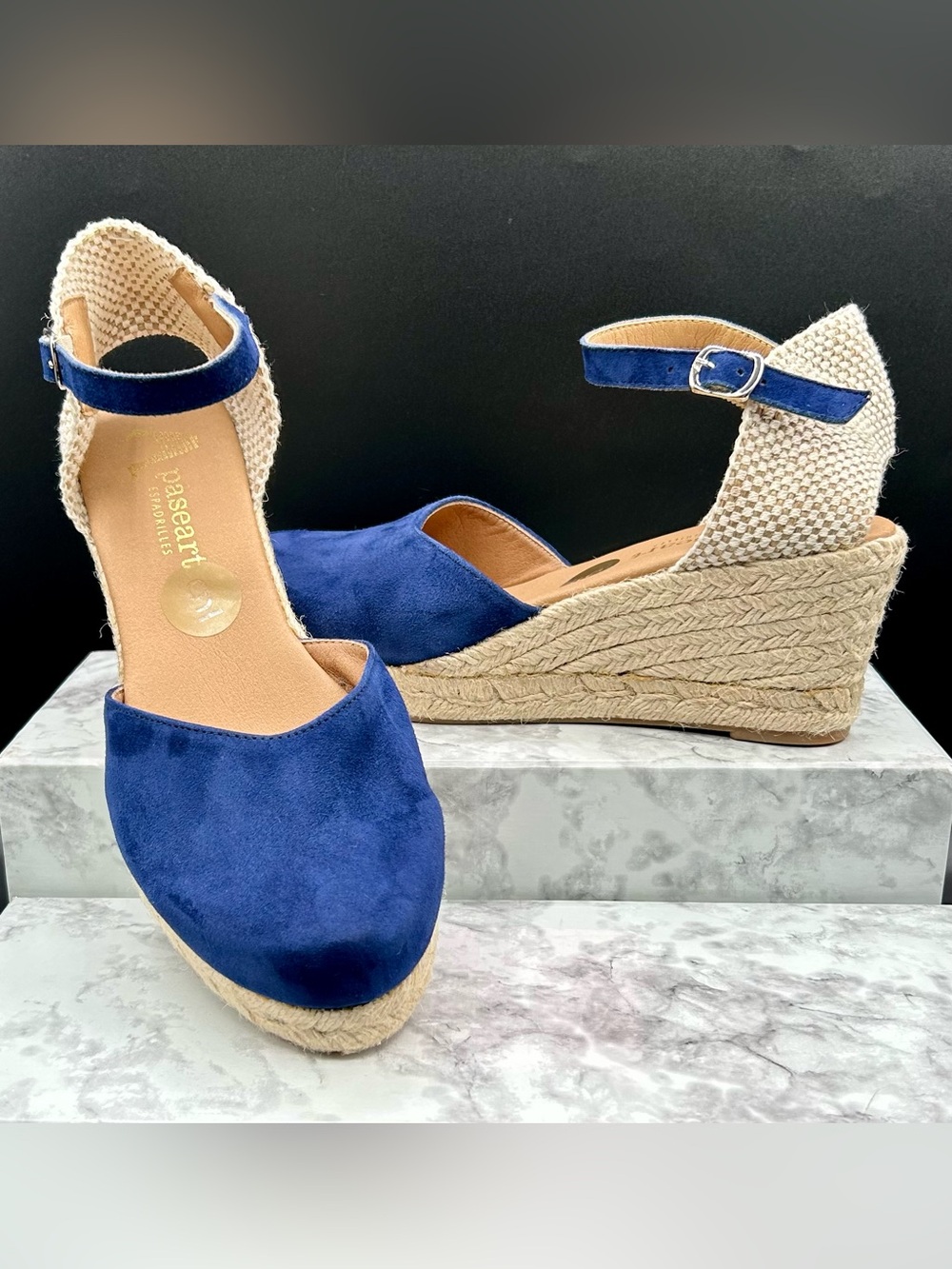 PASEART Navy Blue Suede Espadrille-Wedge Sandals. EU size 40  US size 9